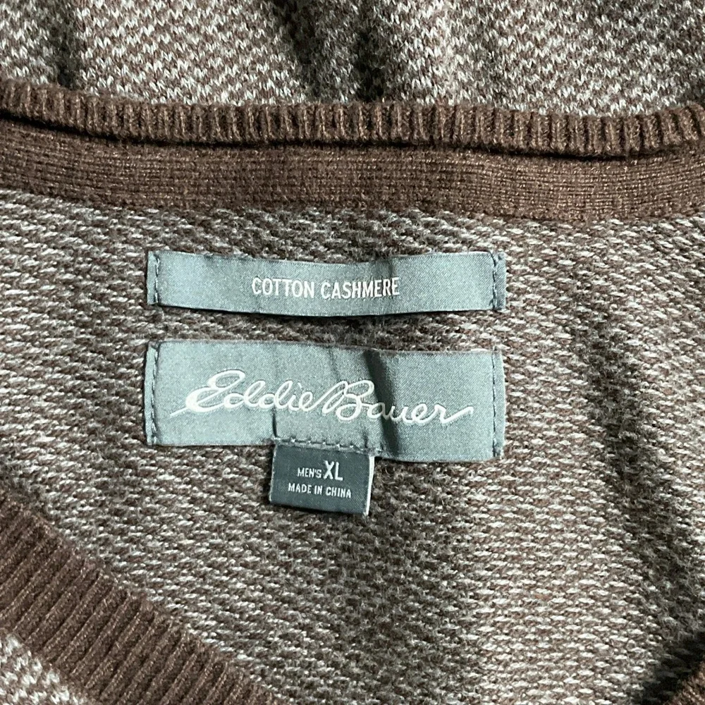 Eddie Bauer Sweater Mens XL V-Neck Brown Cotton‎ Cashmere Blend Knit Top